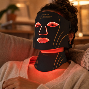 Woman wearing ThermaLight360 Glow LED face and neck mask with red light glow