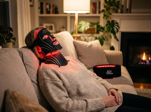 A woman wearing the Glow mask on a sofa with the belt beside her