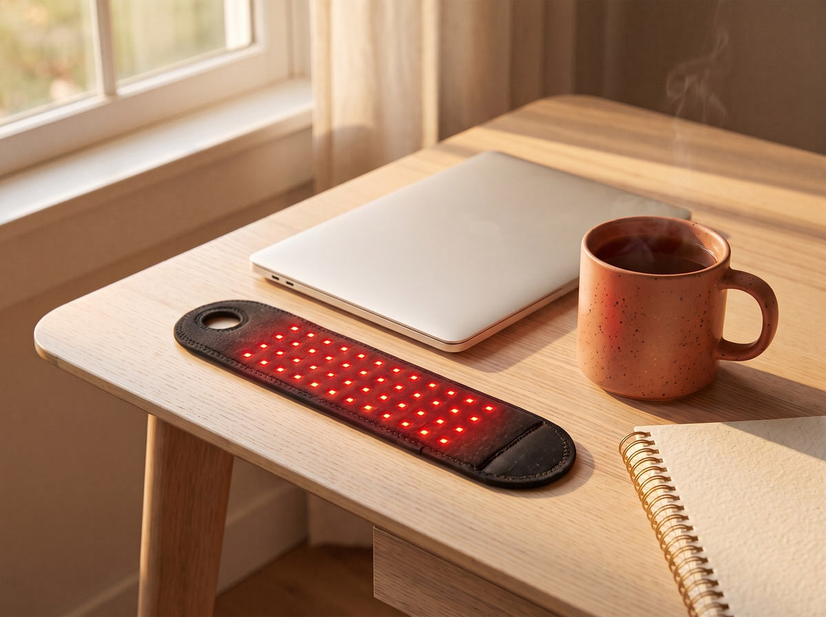 ThermaWrist Pro on a desk beside a laptop and a cup of tea