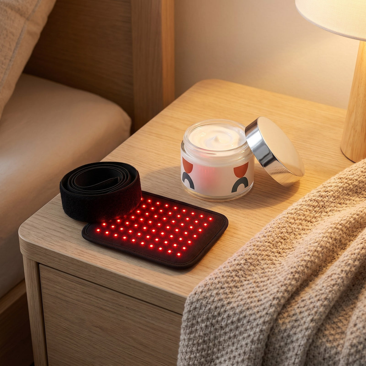 ThermaLight360 Mini pad and DreamTone Skin-Tightening Cream on a bedside table