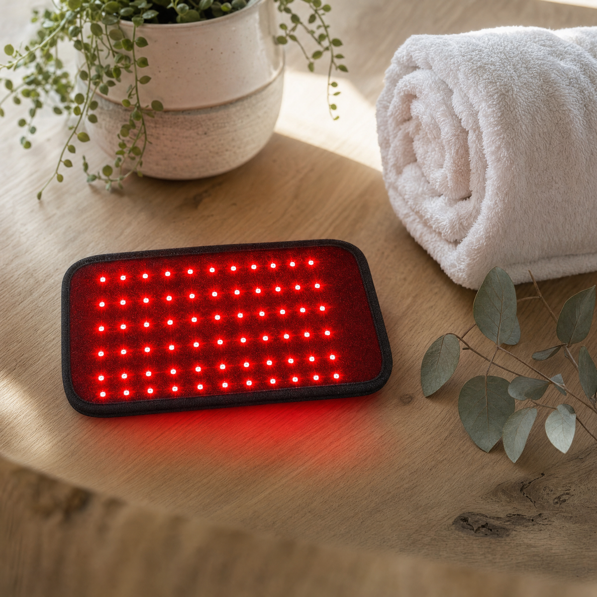 ThermaLight360 Mini red light pad on a wellness table with towel and plant