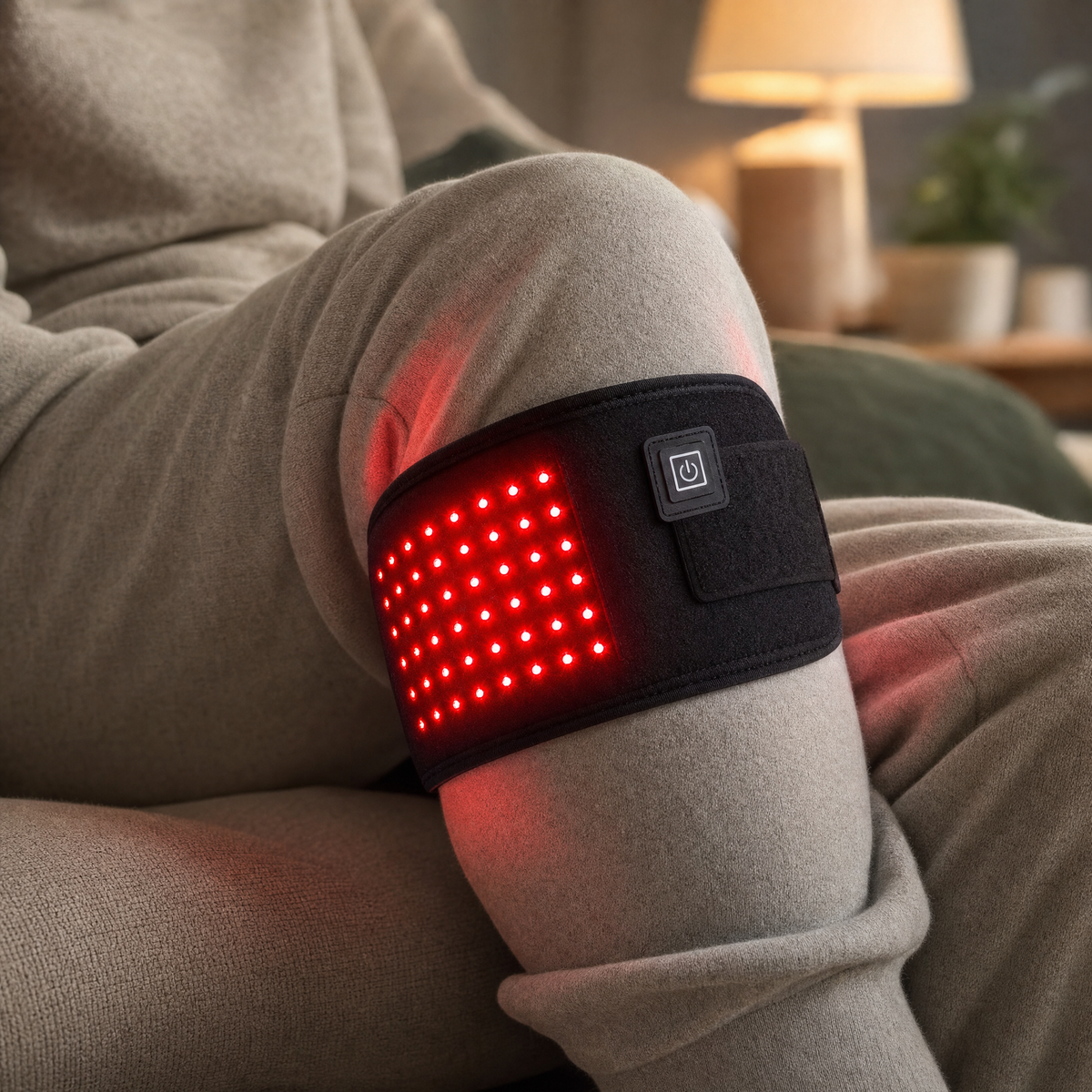 Woman using the ThermaLight360 Mini red light pad wrapped around her knee