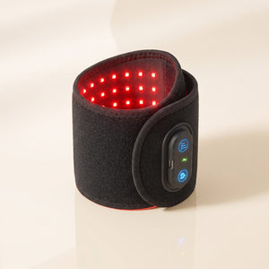 ThermaWrist Pro red light wrist wrap, open, with its LEDs lit