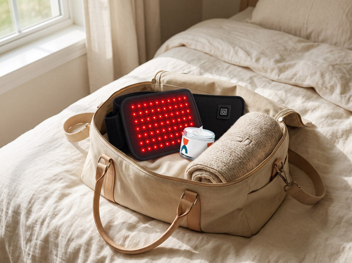 The Mini pad and the cream packed into a travel bag