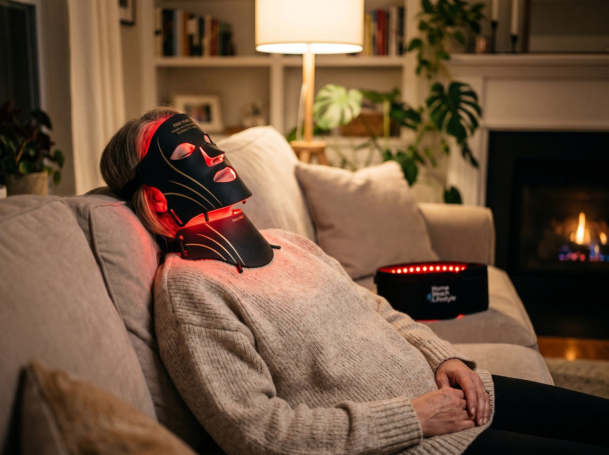 A woman wearing the Glow mask on a sofa with the belt beside her
